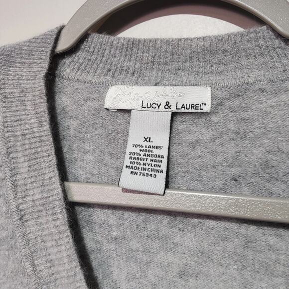 Lucy & Laurel Women's Sz XL Grey Wrap Sweater Satin Bow Angora Lambswool Blend - Picture 2 of 5